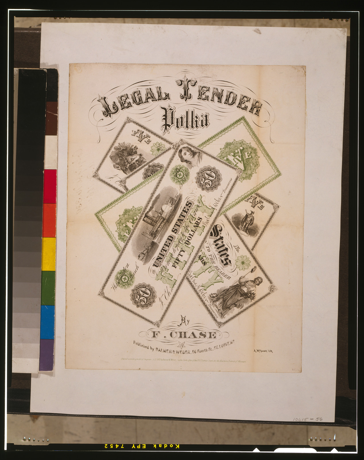 Legal tender polka by F. Chase / A. McLean Lith., St. Louis, Mo. : Balmer & Weber, c1863. — antique lithograph