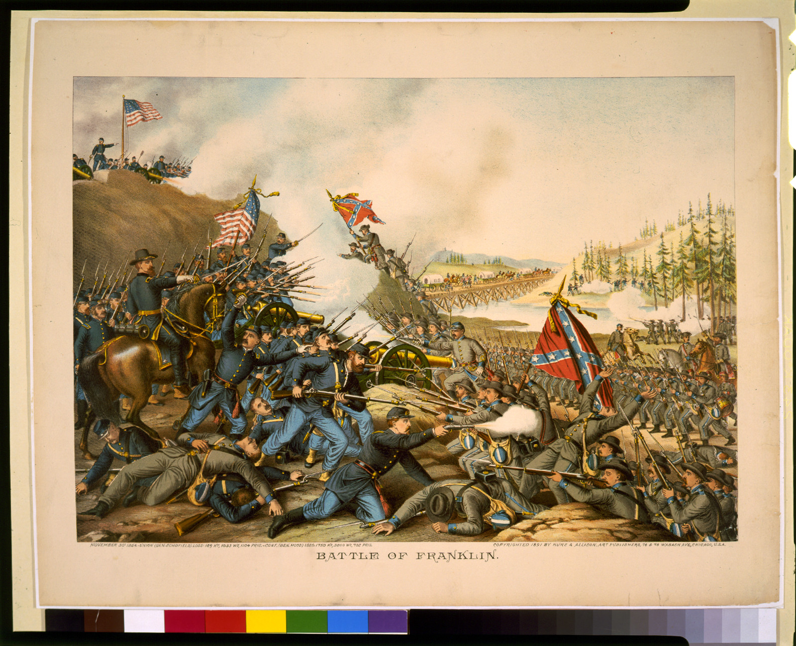 Battle of Franklin. November 30, 1864-Union (Gen. Schofield) ... Conf. (Gen. Hood) ..., Chicago : Kurz & Allison, Art Publishers, 1891. — antique lithograph