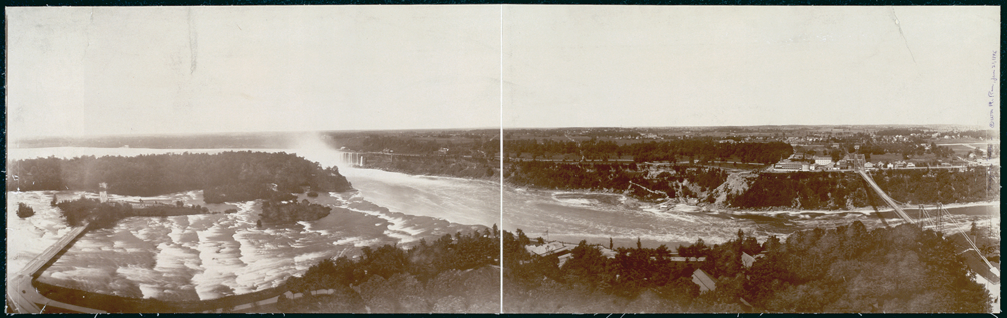 Panoramic sepia view of Niagara River gorge and rapids — historic image