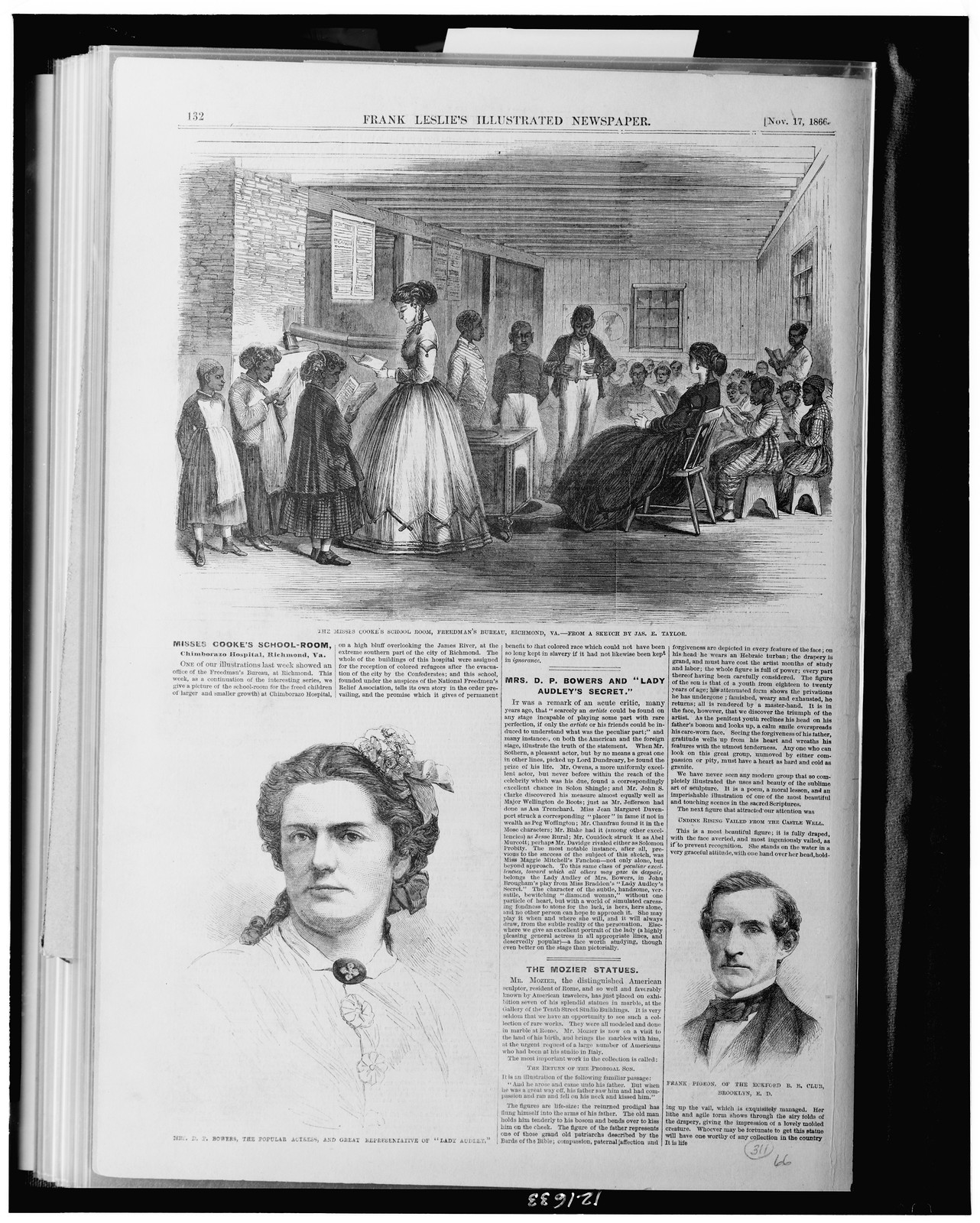 The Misses Cooke's school room, Freedman's Bureau, Richmond, Va. / from a sketch by Jas. E. Taylor., 1866 — antique engraving