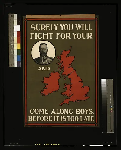 Surely you will fight for your [portrait of King George V] and [map of Great Britain]. Come along, boys, before it is too late / printed by Jas. Truscott & Son, Ltd., Suffolk Lane, London, E.C.