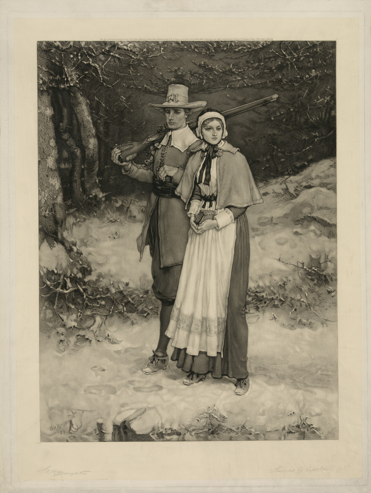 Pilgrim man with musket and woman in snowy woods — historic image
