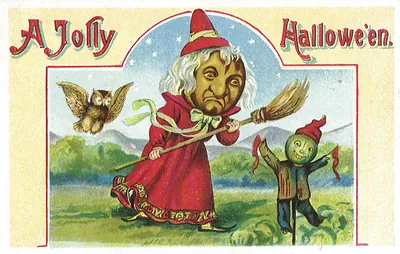 A Jolly Halloween postcard with witch, owl and jack-o-lantern scarecrow