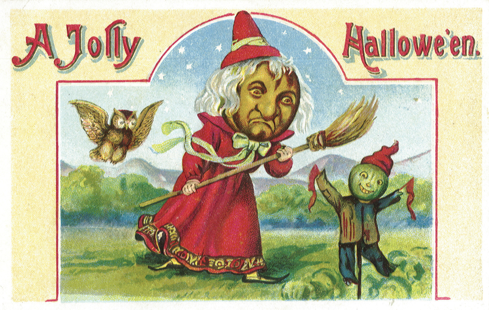 A Jolly Halloween postcard with witch, owl and jack-o-lantern scarecrow — vintage postcard