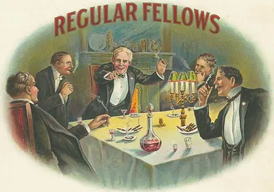Regular Fellows cigar label: men smoking at dinner table