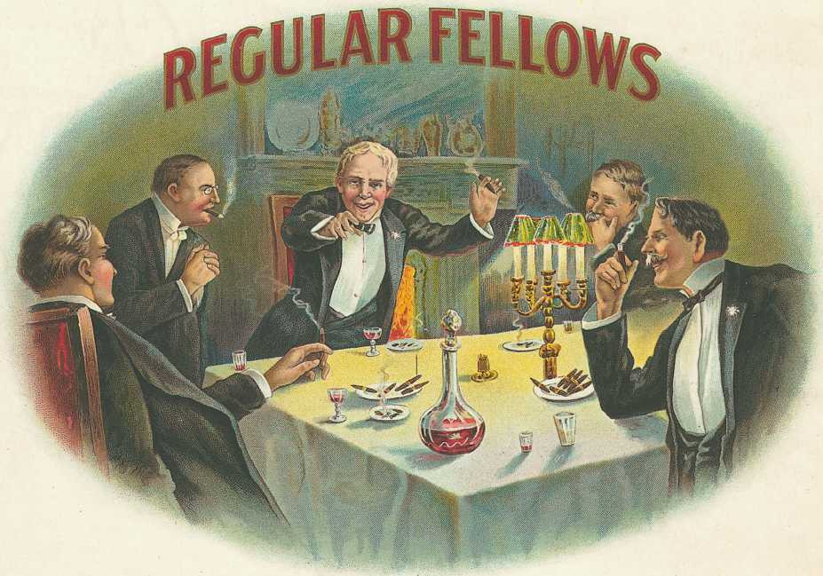 Regular Fellows cigar label: men smoking at dinner table — historic image