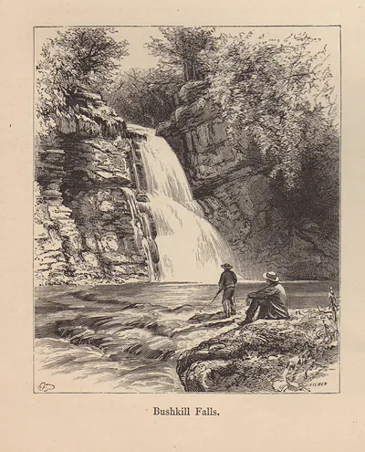 Bushkill Falls with two anglers beside the cascade
