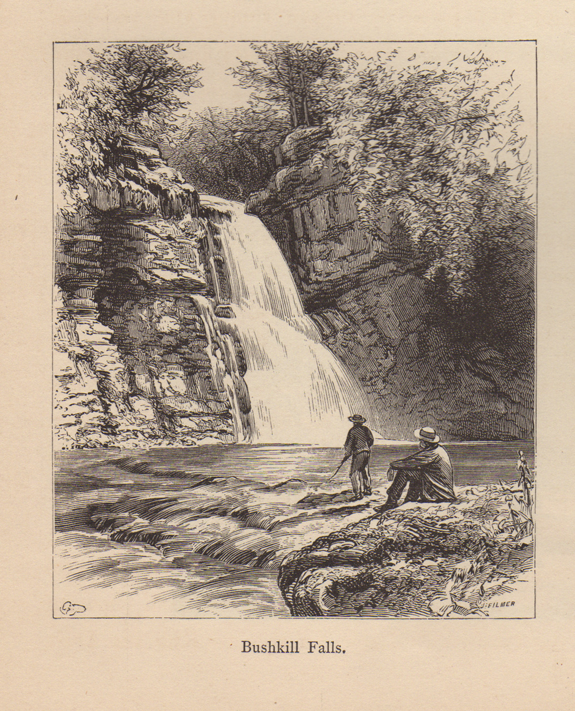 Bushkill Falls with two anglers beside the cascade — historic image