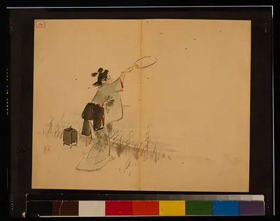 Woman in kimono with paddle beside lantern, ink sketch