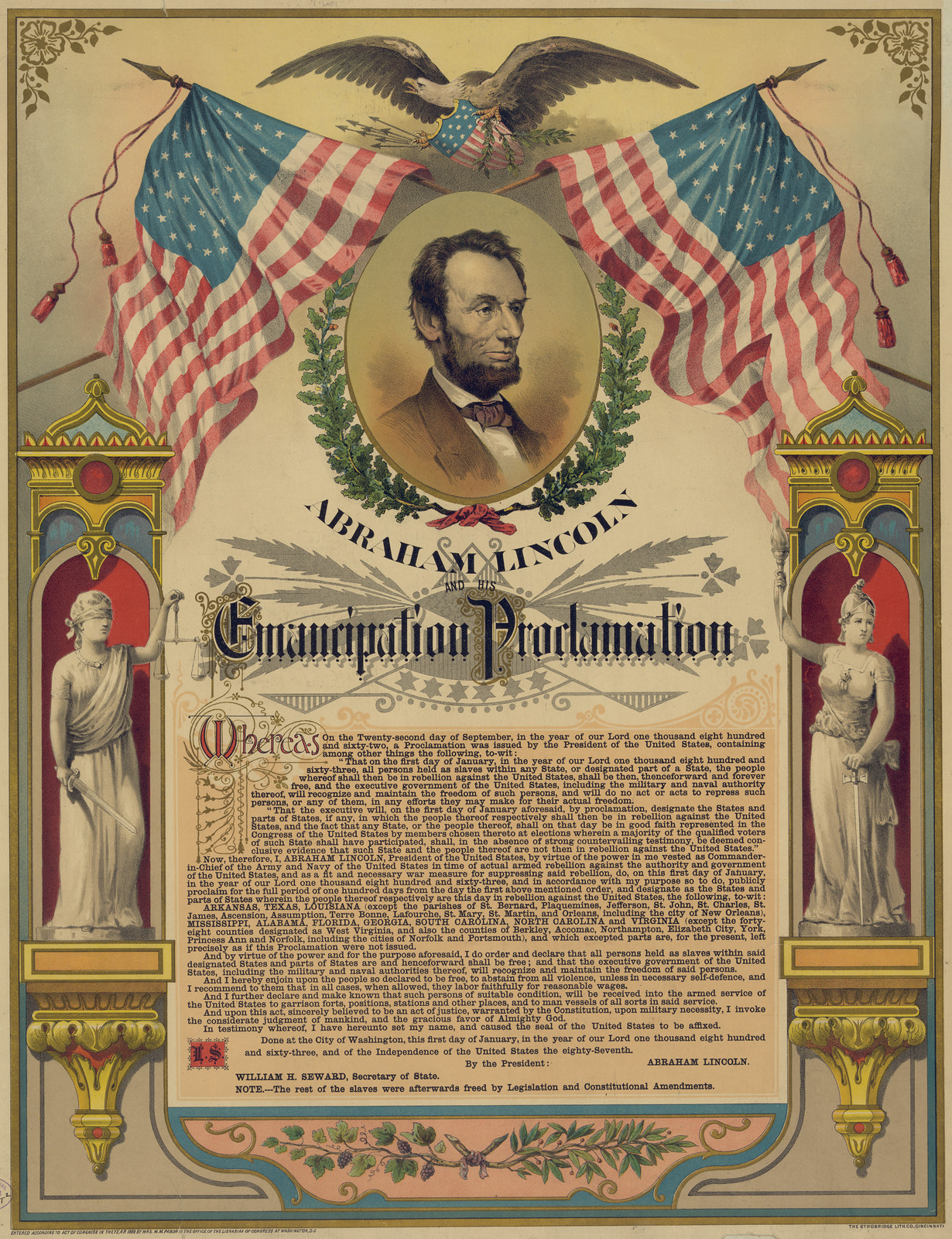 Abraham Lincoln And His Emancipation Proclamation, c. 1888 — antique lithograph