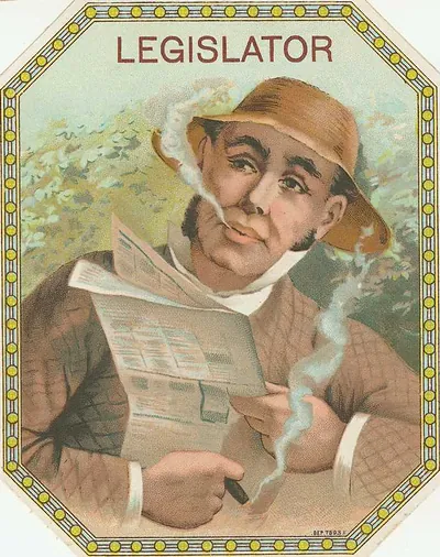 Cigar box label LEGISLATOR, man reading newspaper with cigar