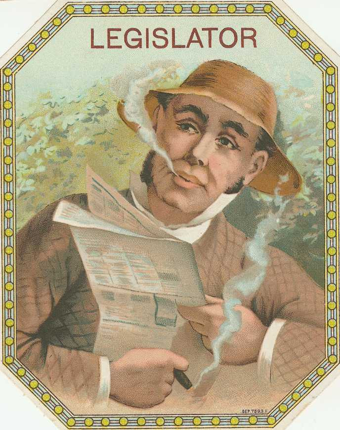 Cigar box label LEGISLATOR, man reading newspaper with cigar — historic image