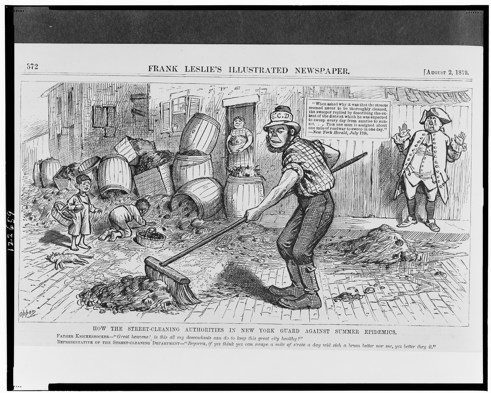 How the street-cleaning authorities in New York guard against summer epidemics / Opper., 1879 — antique engraving