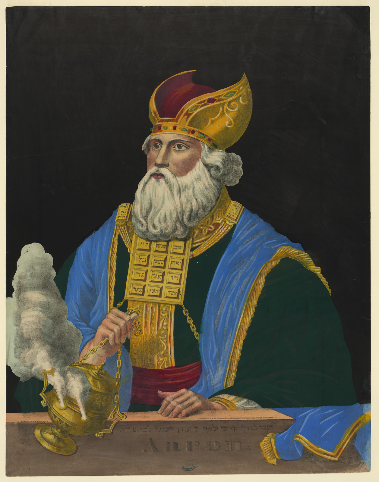 High priest with incense censer, labelled 'Aaron' in print — historic print