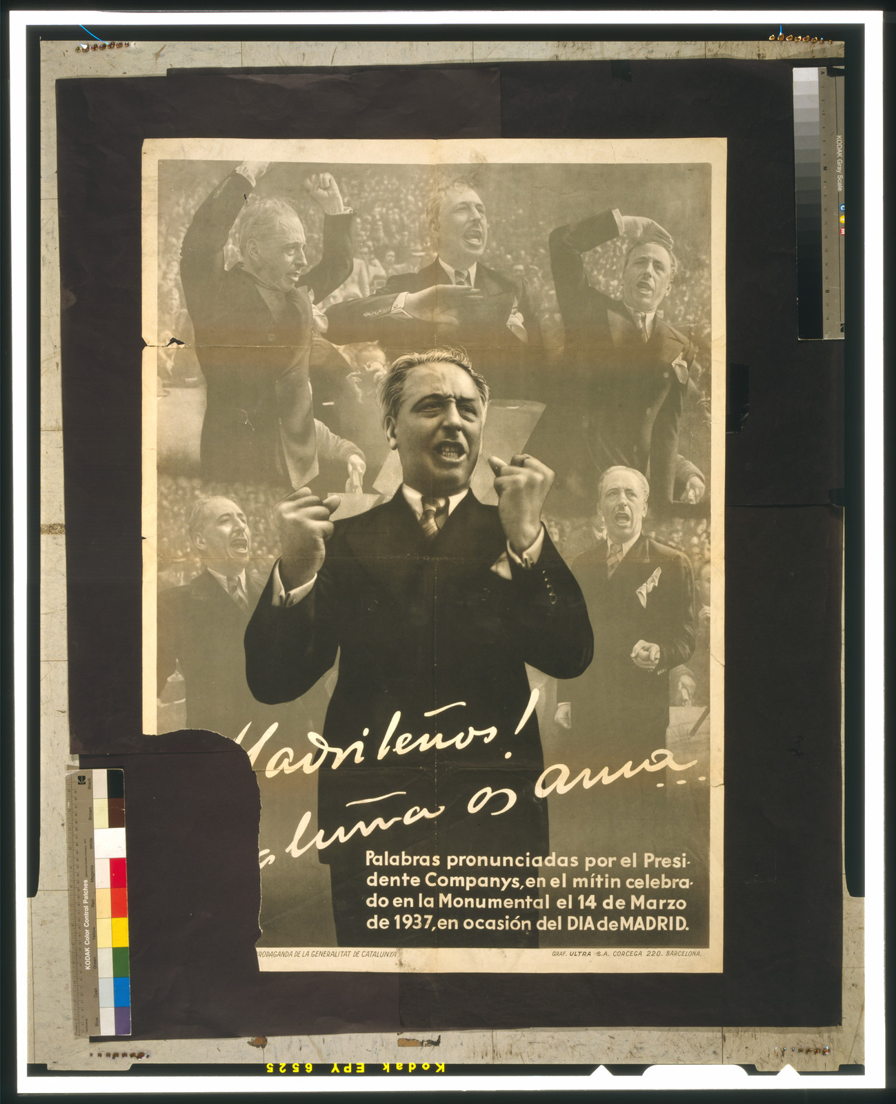 Madrid leños! Cataluña os ama ... palabras pronunciadas por el Presidente Companys, en el mítìn celebrado en la Monumental el 14 de marzo de 1937, en ocasión del Dia de Madrid, Catalunya : Comissariat de Propaganda de la Generalitat de Catalunya, 1937. — vintage poster