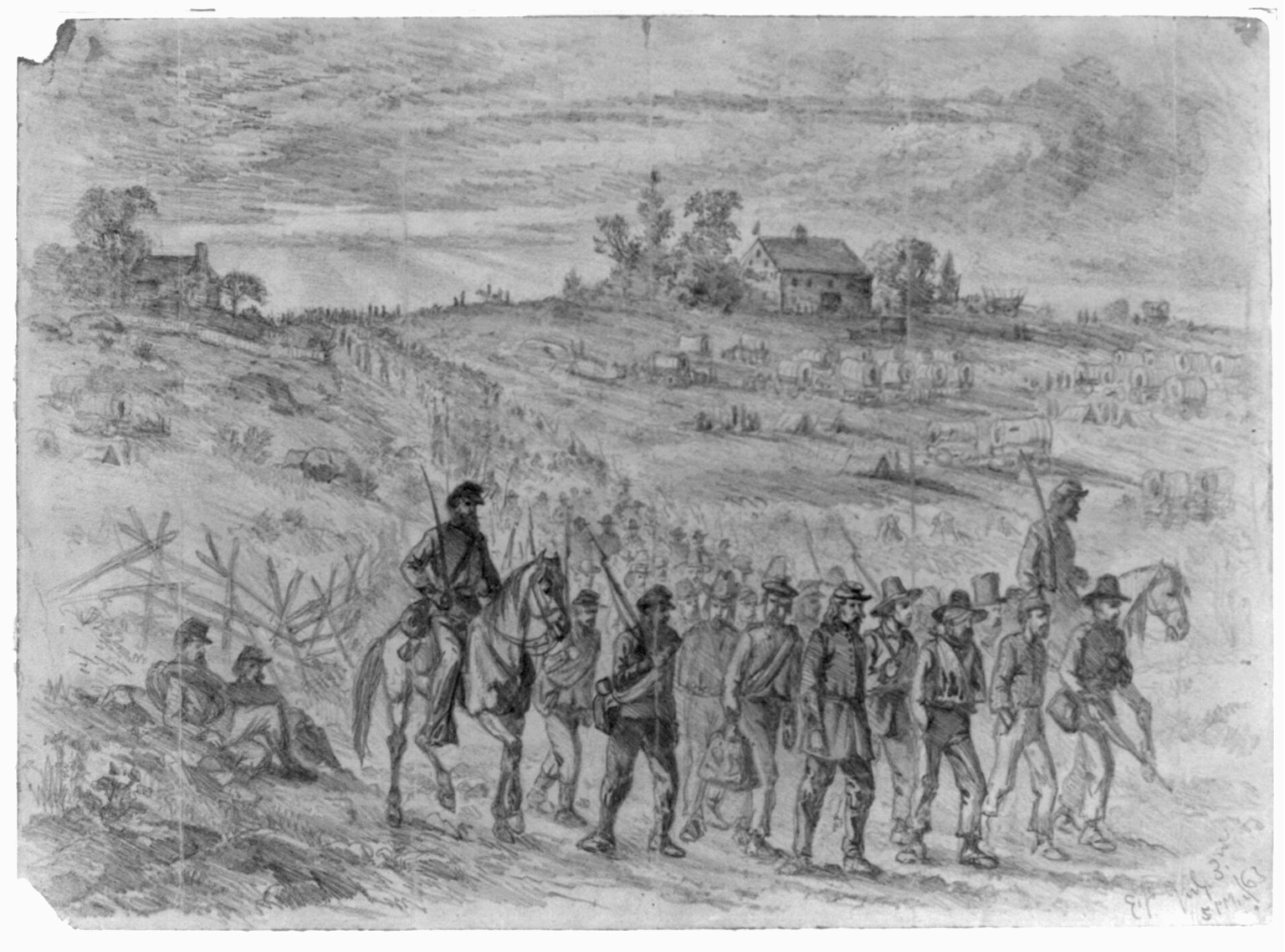 The battle of Gettysburg--Prisoners belonging to Gen. Longstreet's Corps captured by Union troops, marching to the rear under guard / E.F., [18]63 July 3. — historic drawing