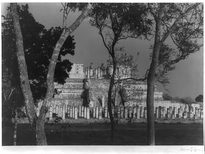 Temple of the Warriors, Chiche-Itza, Yucatan [seen through trees]