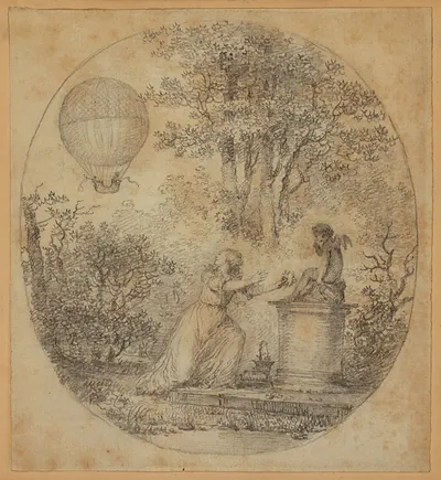 Kneeling woman offering flowers at a pedestal, balloon above