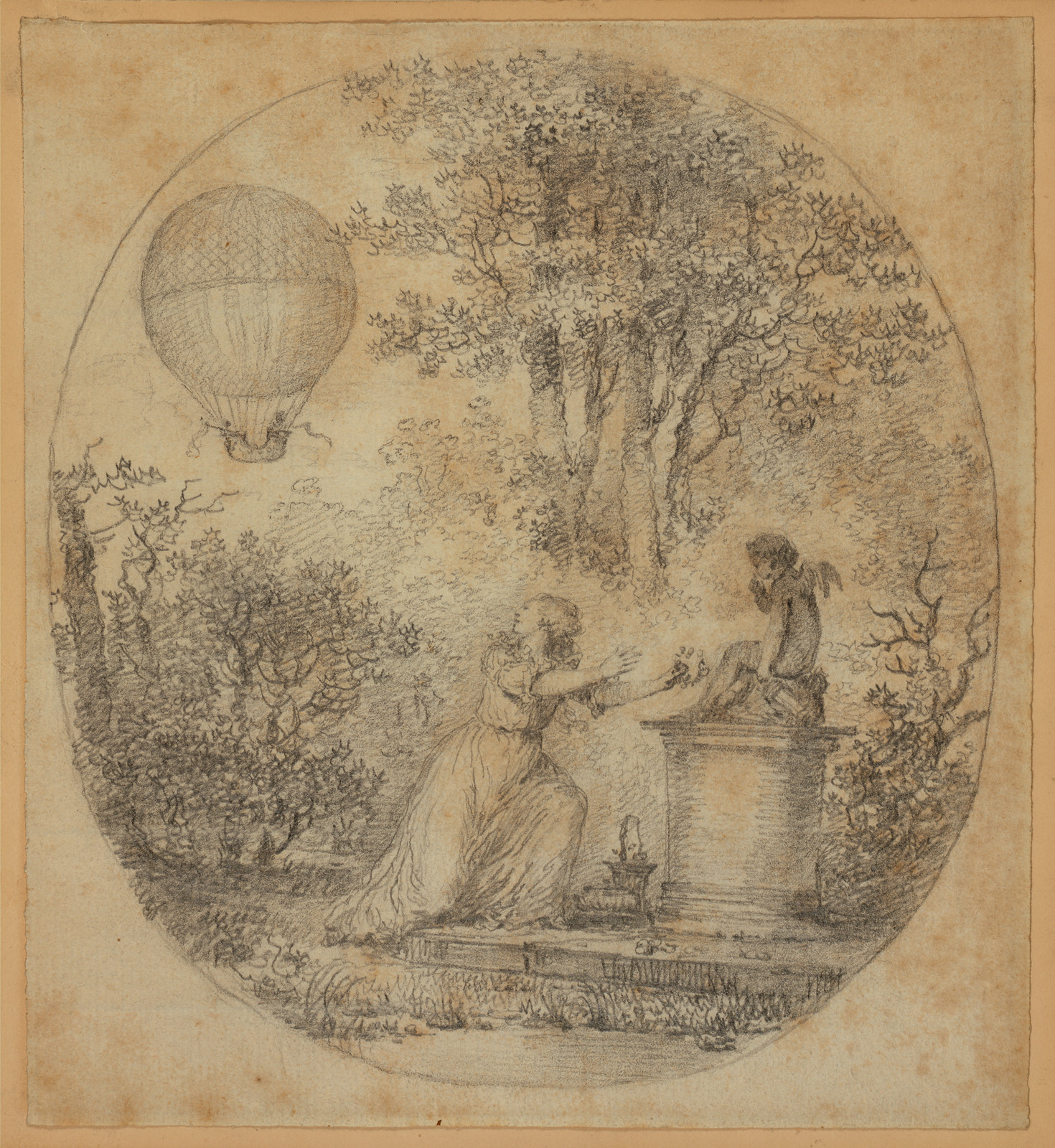 Kneeling woman offering flowers at a pedestal, balloon above — historic image