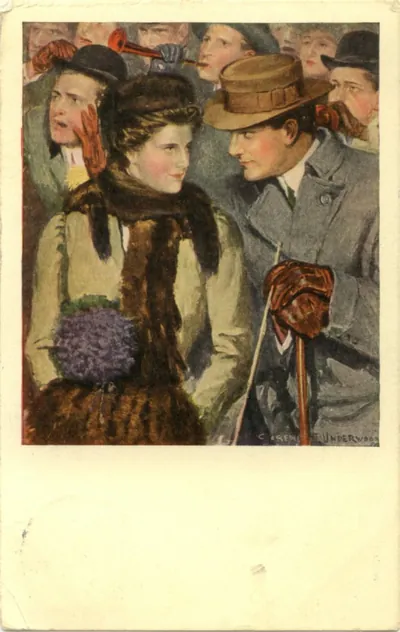 Courting couple in a crowd, painted postcard signed Underwood