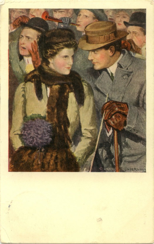 Courting couple in a crowd, painted postcard signed Underwood — vintage postcard