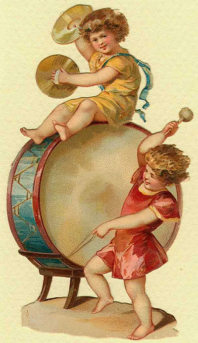 Two cherubic children playing a drum and cymbals