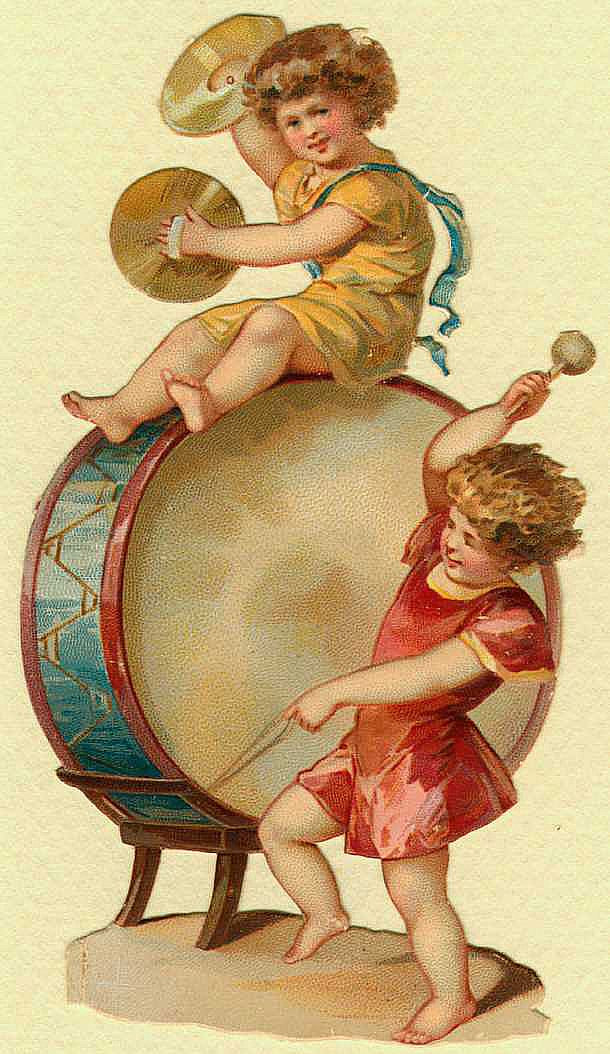 Two cherubic children playing a drum and cymbals — historic image