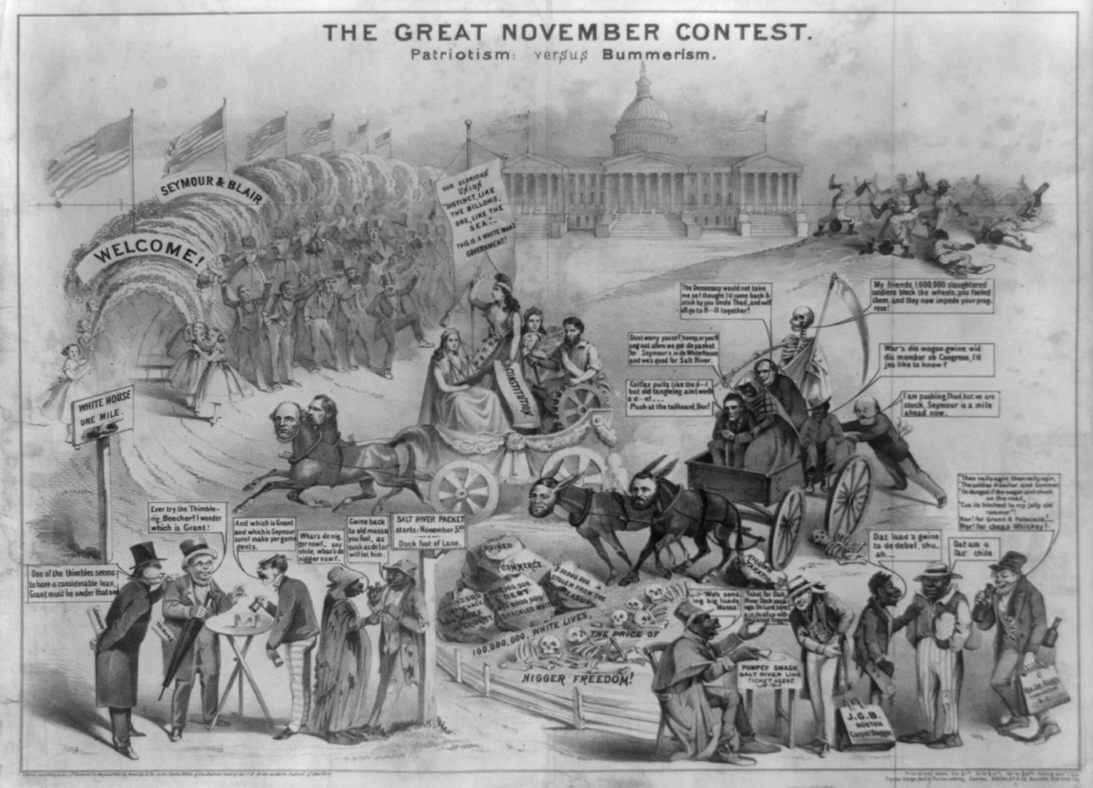 The great November contest. Patriotism: versus Bummerism, 1868 — antique lithograph