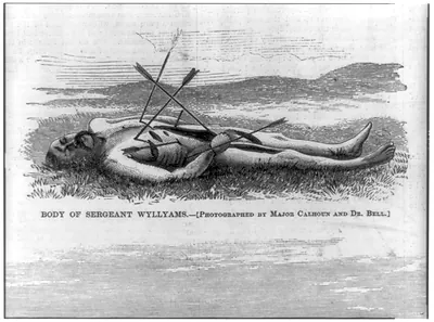 Late Indian outrages: body of Sergeant Wyllyams [stuck with arrows]