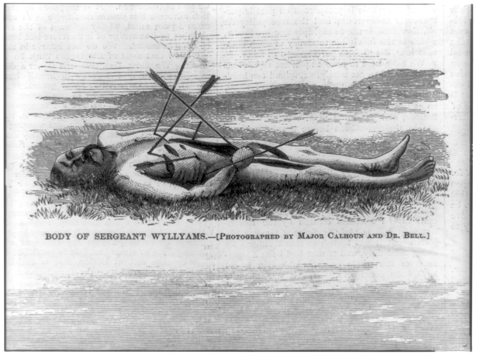 Late Indian outrages: body of Sergeant Wyllyams [stuck with arrows], 1867 — historic photograph