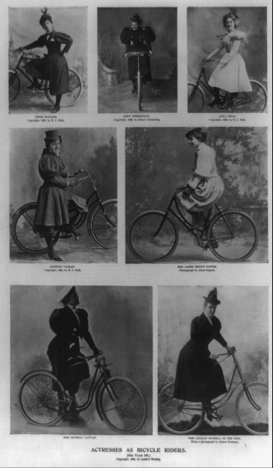 Actresses as bicycle riders [7 illustrations of actresses with bicycles: 1. Effie Ellsler; 2. Cissy Fitzgerald; 3. Anna Held; 4. Queenie Vassar; 5. Mrs. James Brown Potter; 6. Miss Georgia Cayvan; 7. Miss Lillian Russell], 1896 — historic print