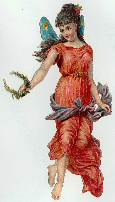 Winged fairy maiden in red gown holding a laurel wreath