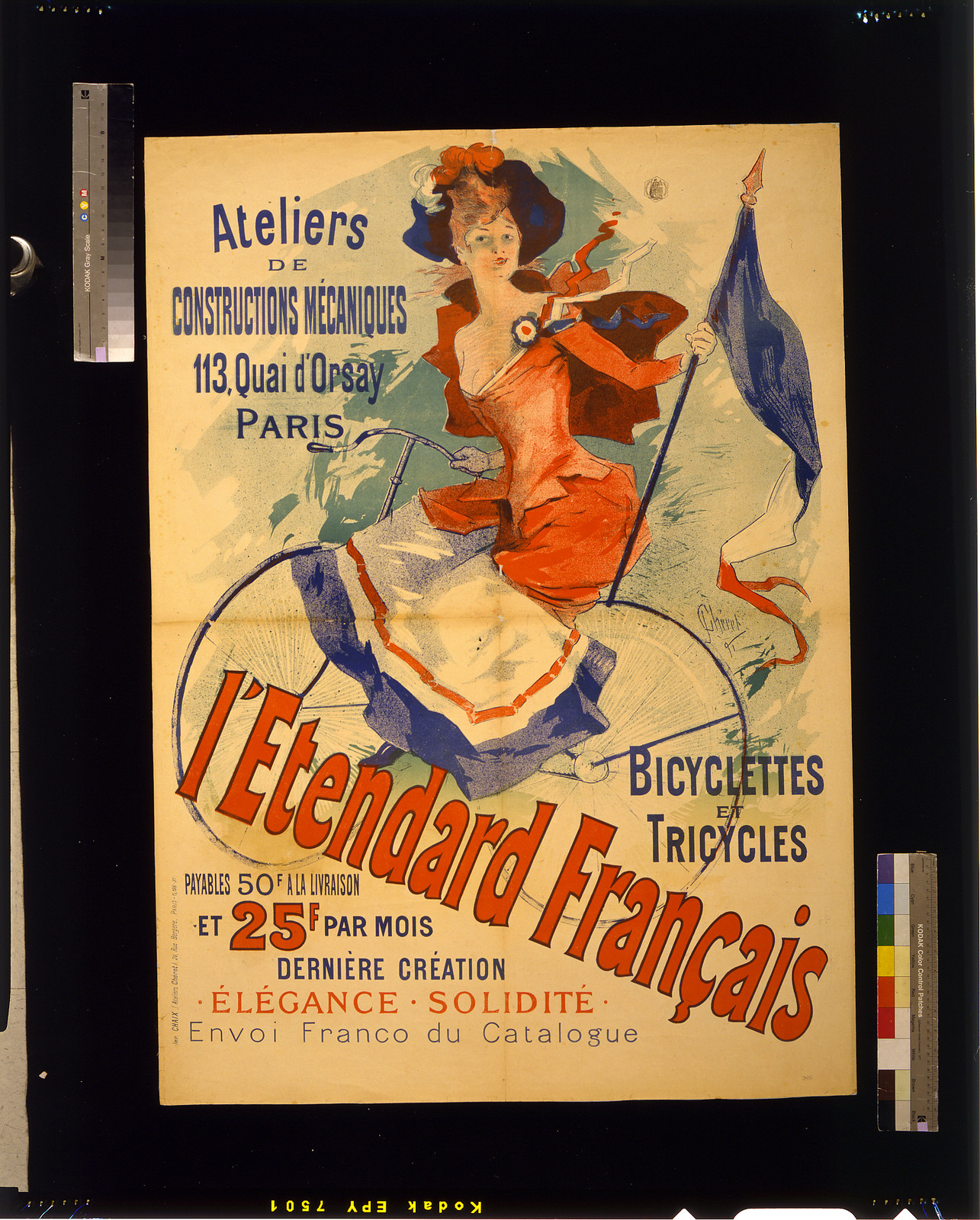 L'Etendard français, bicyclettes et tricycles / J. Chéret, 91., Paris : Imp. Chaix (Ateliers Chéret), 20, rue Bergére, 1891 — vintage poster