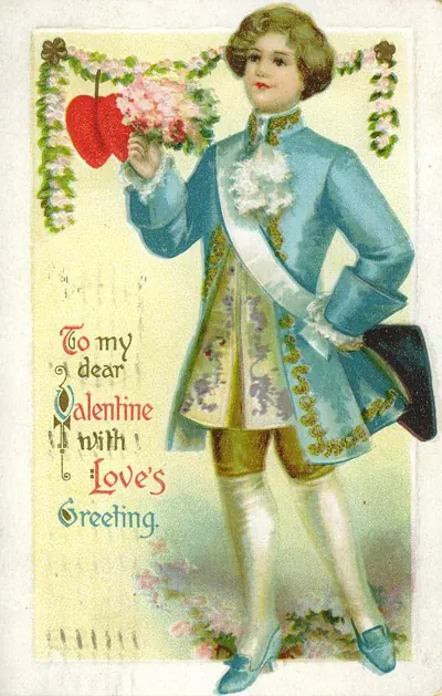 Valentine card: young man with hearts, 'To my dear Valentine'