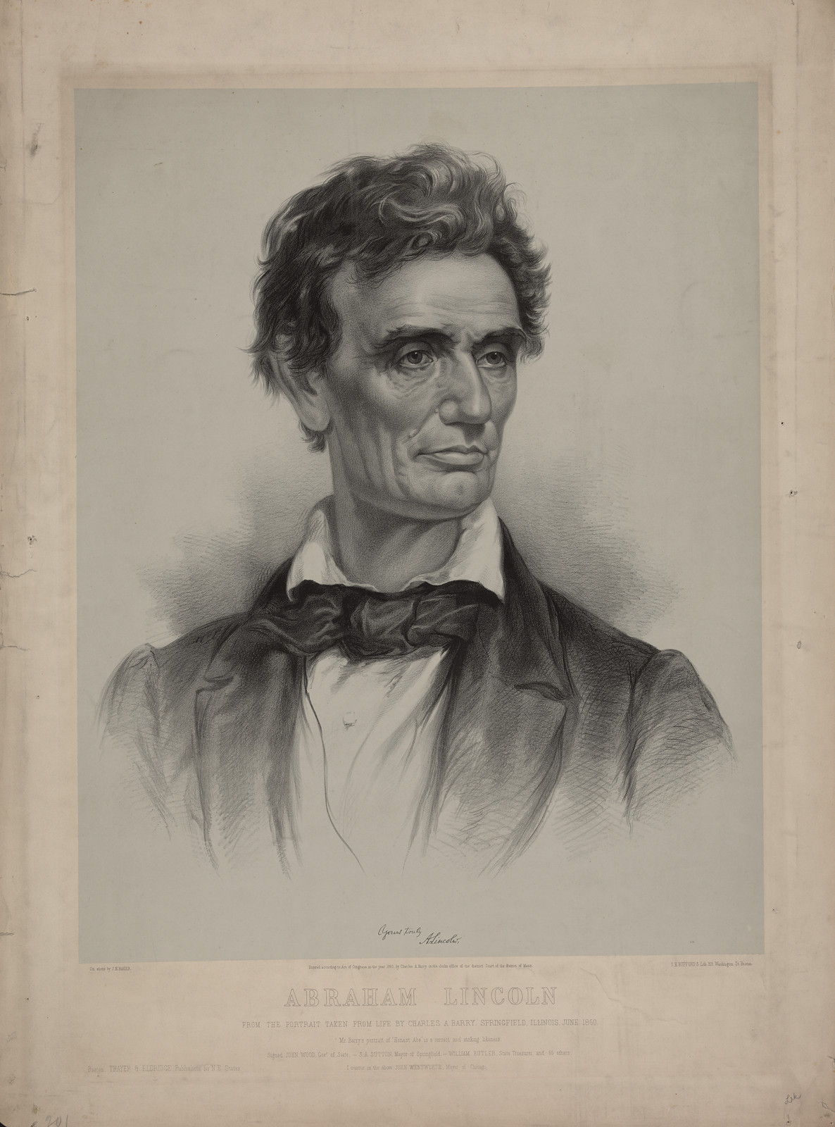 Abraham Lincoln From A Portrait Taken From Life By Charles A. Barry, Springfield, Illinois, June 1860, c. 1860 — antique lithograph
