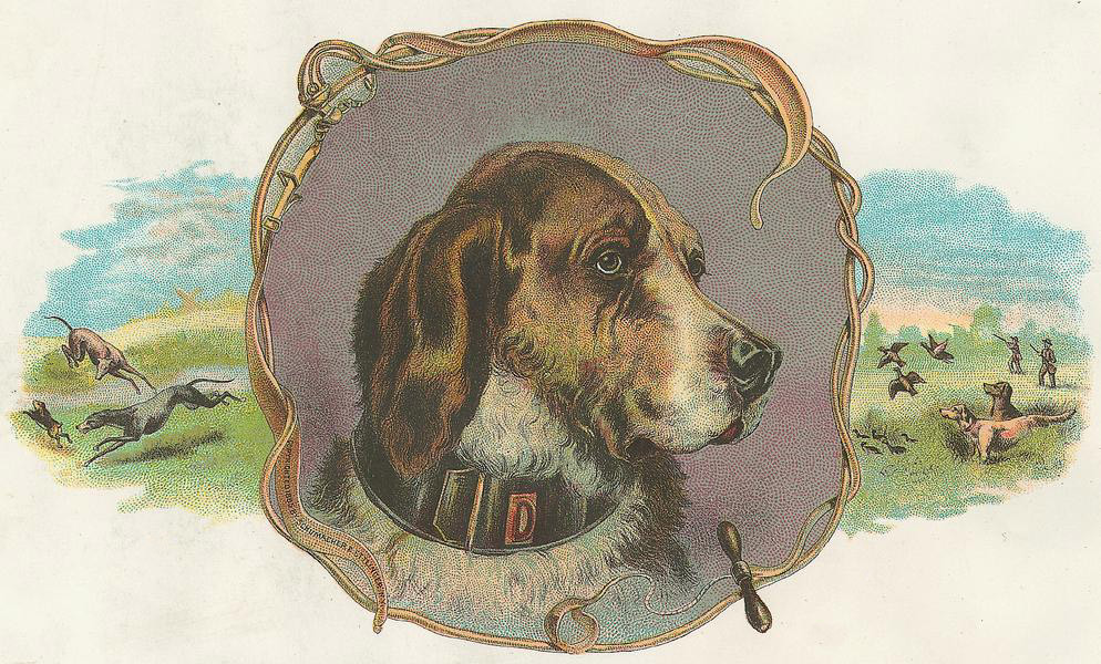 Hunting dog head in ornate frame with hunting scene — historic image