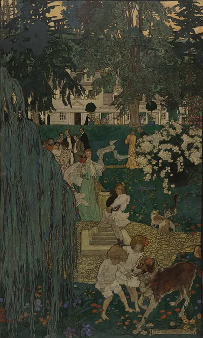 Children and a dog in a garden before a house