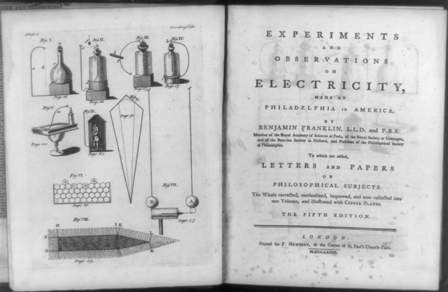 [Diagrams of various electrical phenomena and title page of Experiments and observations on electricity], [published 1774] — antique engraving