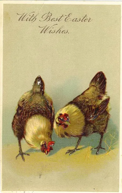 Victorian Easter greeting card with two chickens