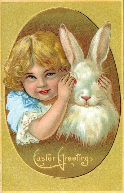 Easter Greetings postcard: girl with white rabbit