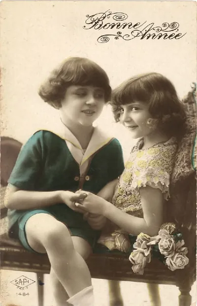Bonne Année New Year postcard of two girls