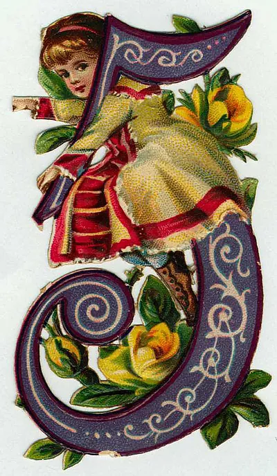 Girl in red and yellow dress on decorative letter