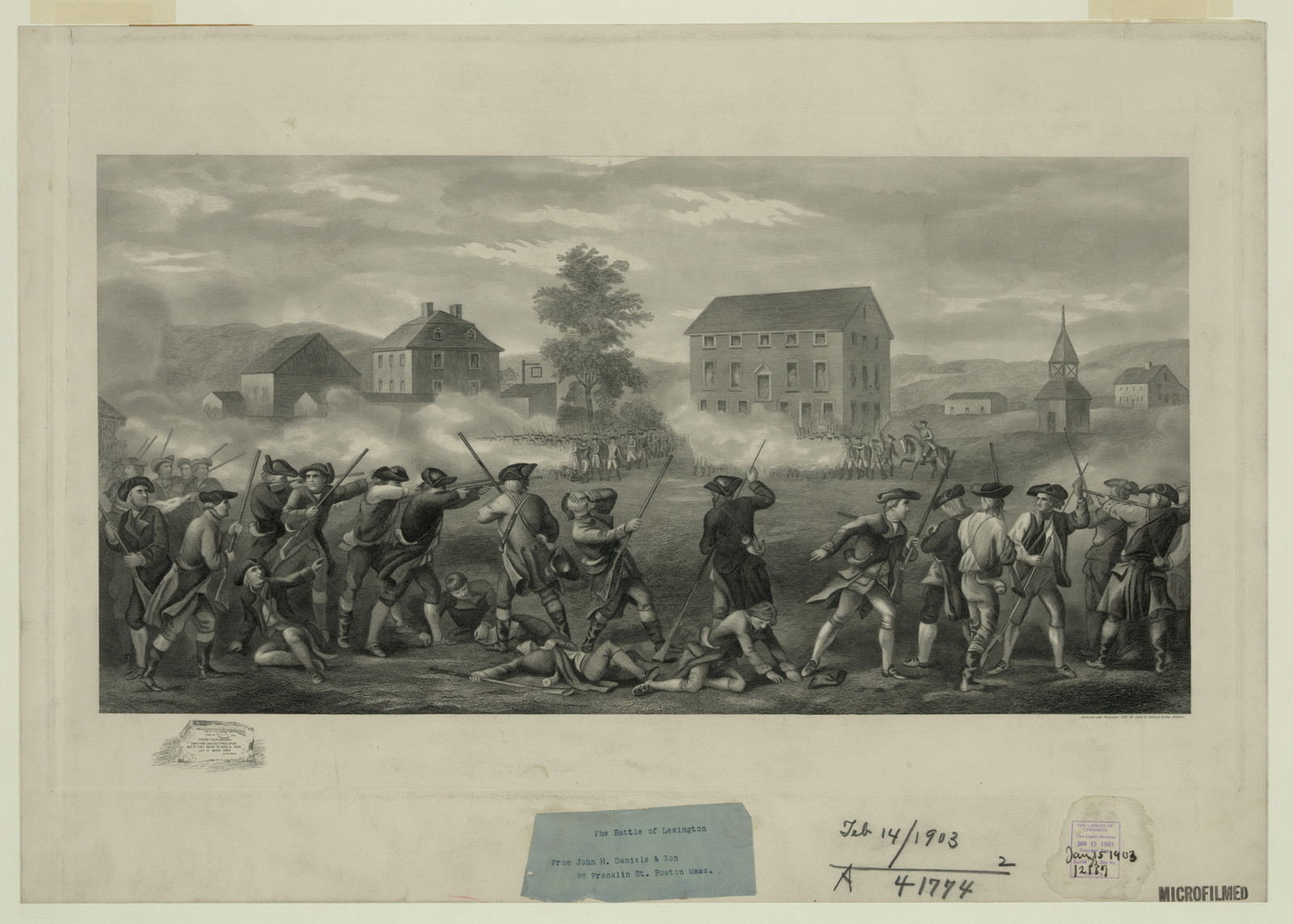battle of lexington (daniels), Massachusetts — antique map