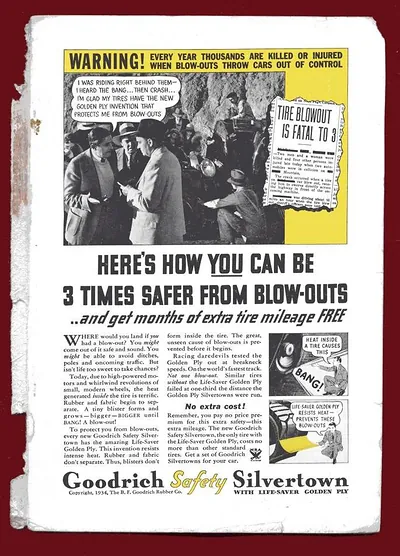 Goodrich Silvertown tyre advertisement warning about blow-outs