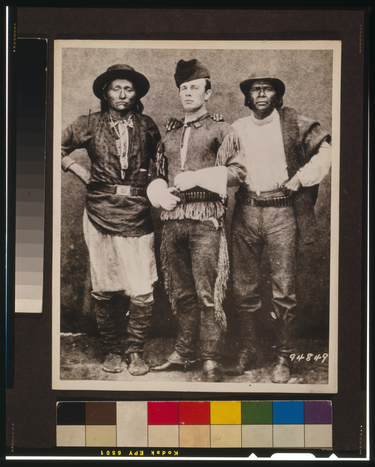 [Indian agent John P. Clum with Diablo and Eskiminzim, at San Carlos Agency], [between 1930 and 1960, from a photograph taken in 1875] — historic photograph
