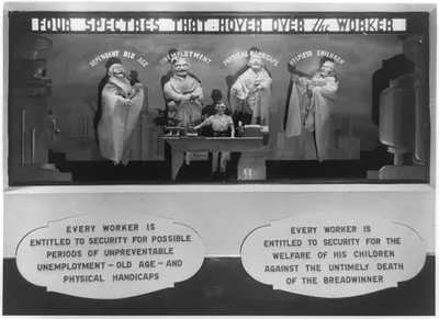 Symbolic frieze suggesting the workers' physical and social hazards