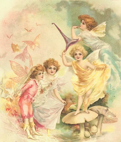 Fairies with butterflies and mushrooms, Victorian-style chromolithograph