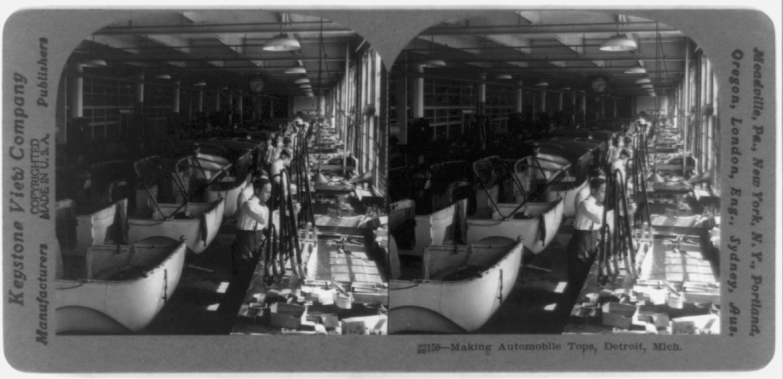 Making automobile tops, Detroit, Mich., c1917 June 22. — historic photograph