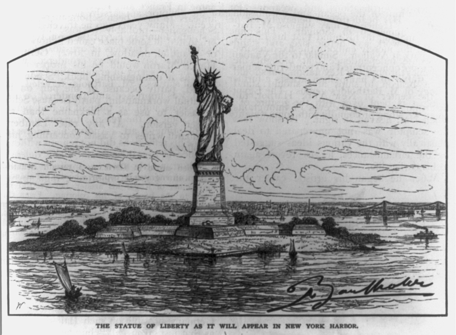 The Statue of Liberty as it will appear in New York Harbor, 1877 June. — antique engraving