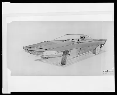 [Design drawing for Avanti automobile, front view from driver's side]